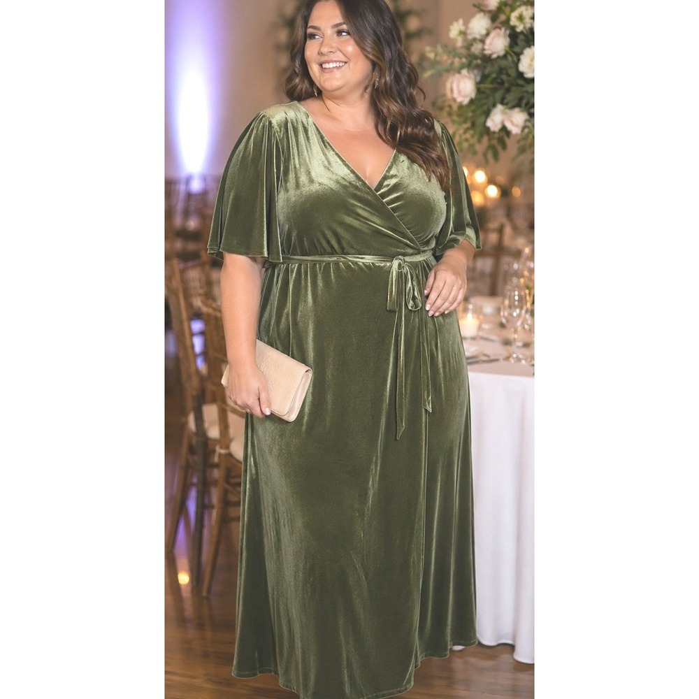 Jenny Yoo Marin Velvet Flutter Sleeve Wrap Dress Moss Green Plus Size 24 Maxi